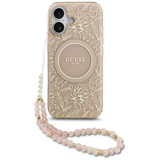 Θήκη MagSafe για Apple iPhone 17, Guess, IML Flowers Allover Electroplated with Pearl Strap, Μαύρη