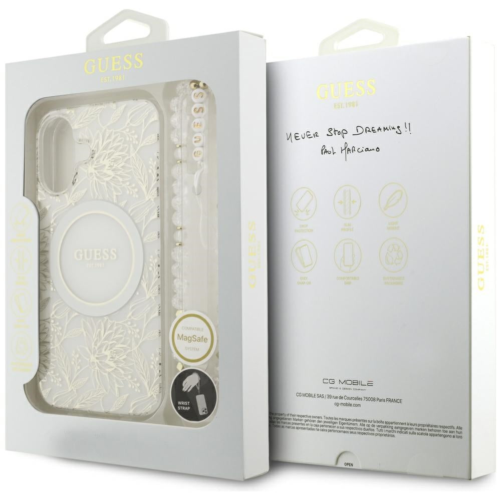 Θήκη MagSafe για Apple iPhone 17, Guess, IML Flowers with Pearl Strap, Λευκή