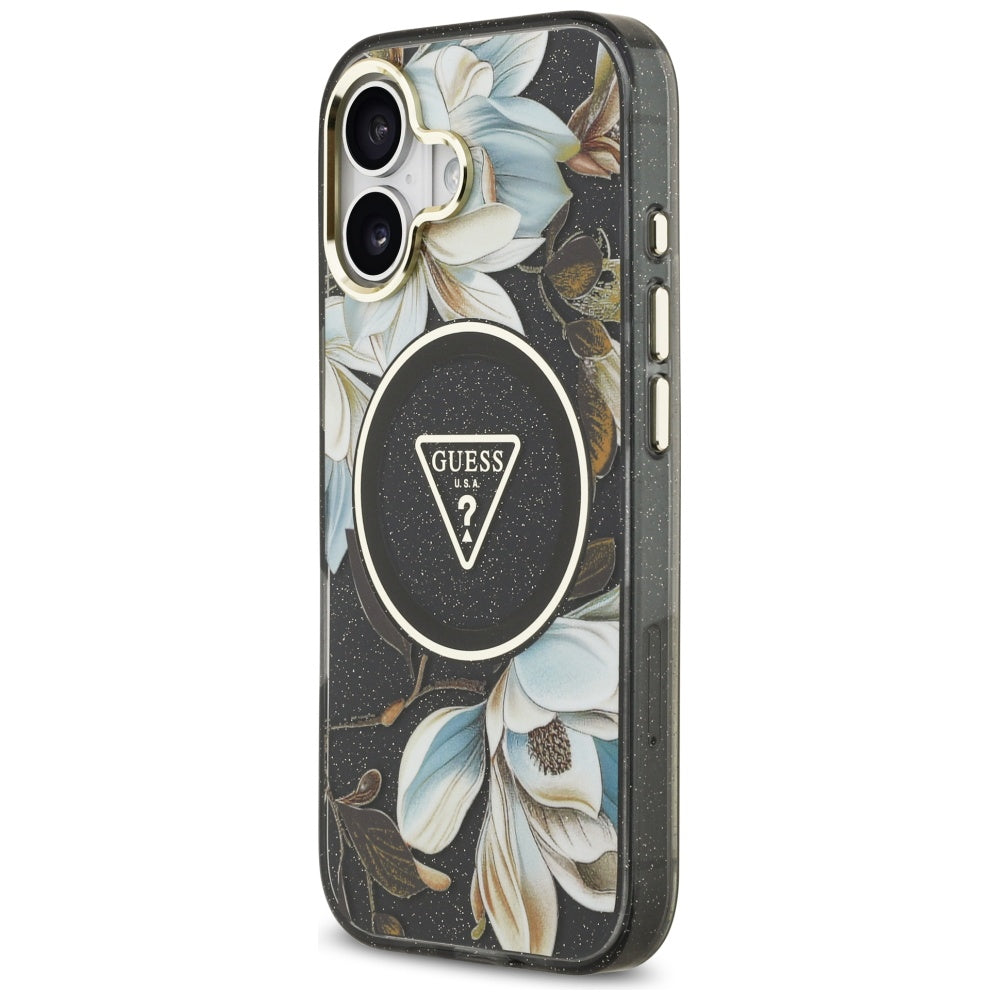 Θήκη MagSafe για Apple iPhone 17, Guess, IML Metal Glitter Flowers Triangle, Μαύρη