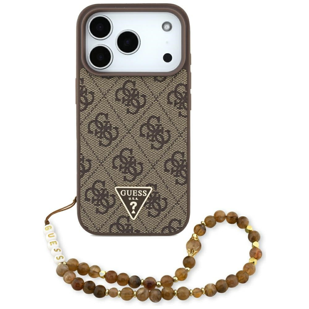 Θήκη MagSafe για Apple iPhone 17 Pro, Guess, 4G Triangle Logo με Pearl Strap, Καφέ