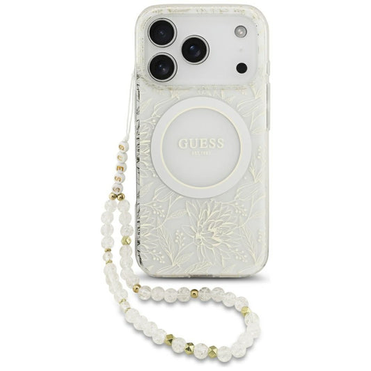 Θήκη MagSafe για Apple iPhone 17 Pro, Guess, IML Flowers Allover Electroplated with Pearl Strap, Λευκή