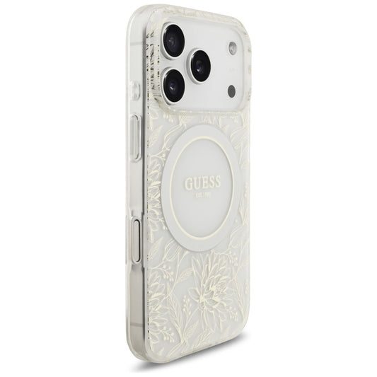 Θήκη MagSafe για Apple iPhone 17 Pro, Guess, IML Flowers Allover Electroplated with Pearl Strap, Λευκή