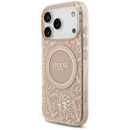 Θήκη MagSafe για Apple iPhone 17 Pro, Guess, IML Flowers Allover Electroplated with Pearl Strap, Ροζ