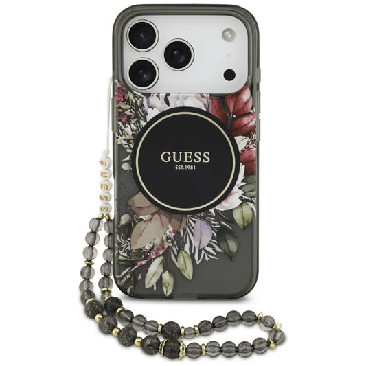 Θήκη MagSafe για Apple iPhone 17 Pro, Guess, IML Flowers with Pearl Strap, Μαύρη