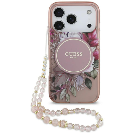 Θήκη MagSafe για Apple iPhone 17 Pro, Guess, IML Flowers with Pearl Strap, Ροζ