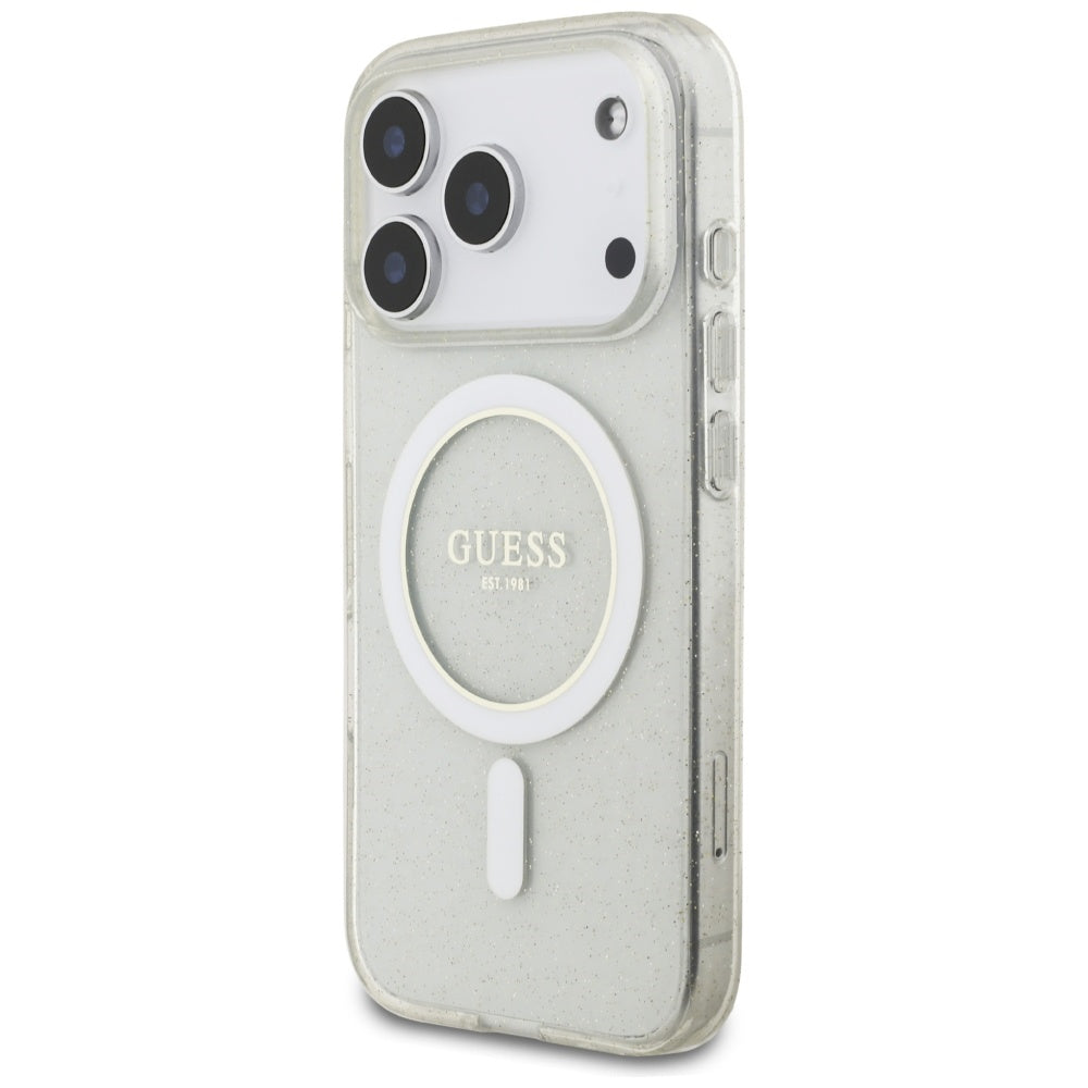 MagSafe Case for Apple iPhone 17 Pro, Guess, IML Glitter with Pearl Strap, Transparent