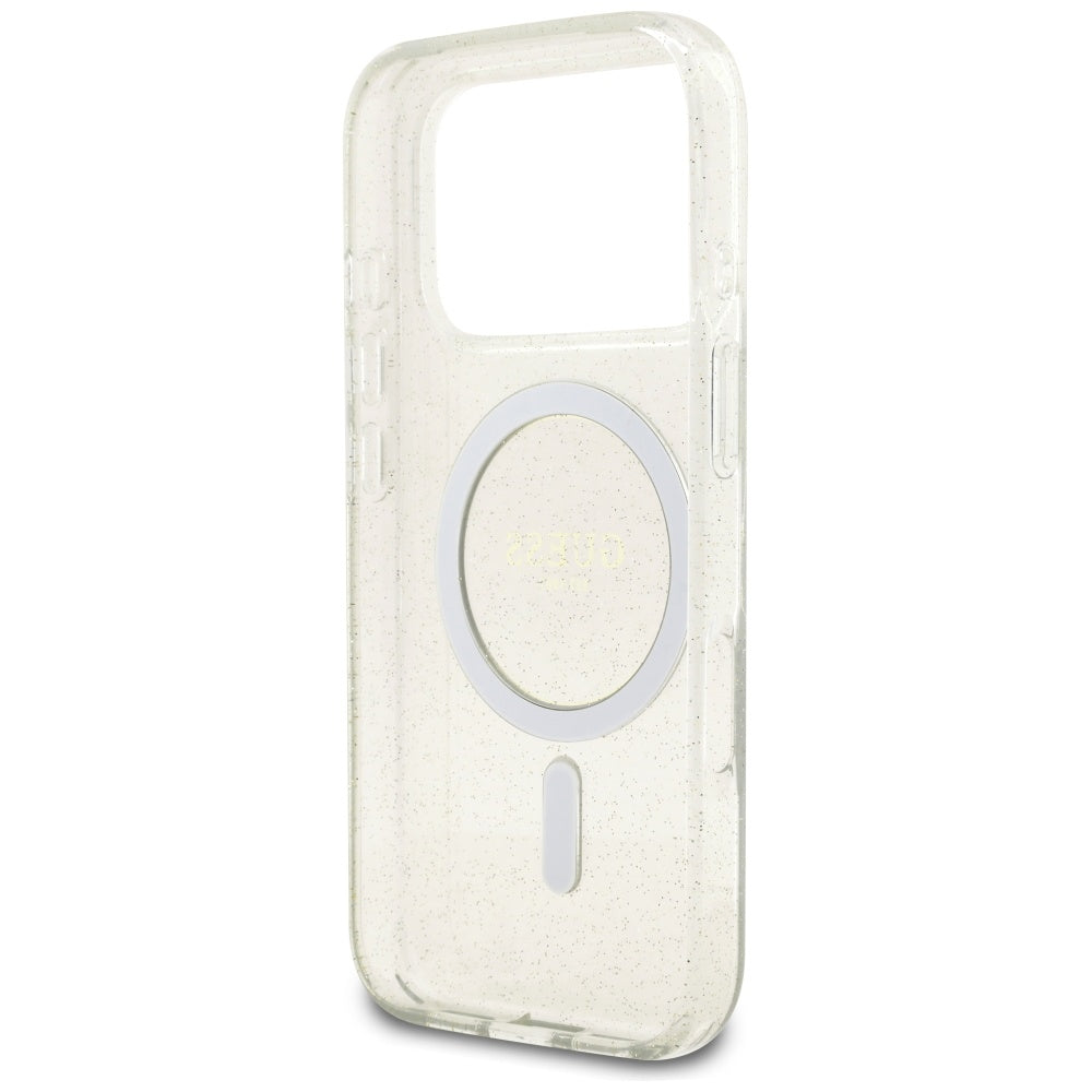 MagSafe Case for Apple iPhone 17 Pro, Guess, IML Glitter with Pearl Strap, Transparent