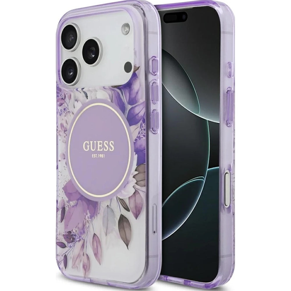 MagSafe Case for Apple iPhone 17 Pro Max, Guess, IML Flower & Tonal Circle, Purple