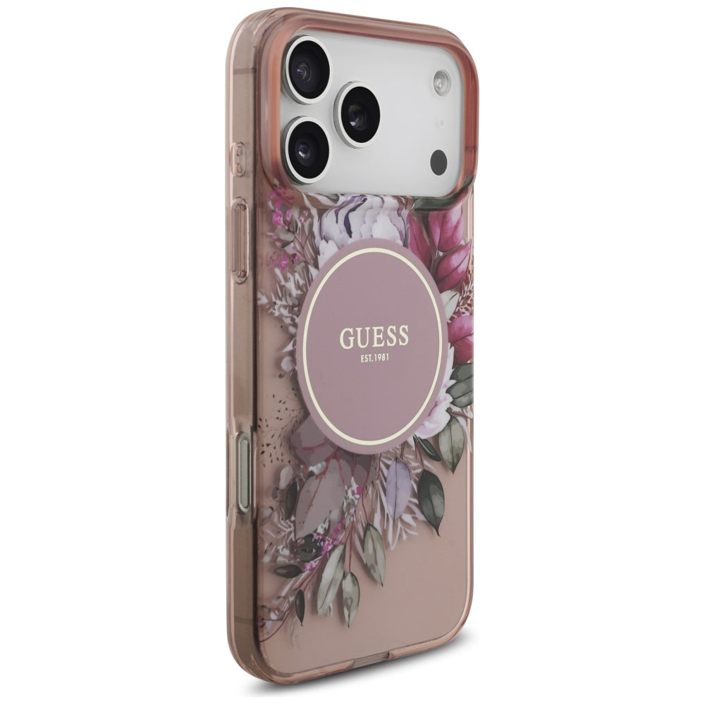 Θήκη MagSafe για Apple iPhone 17 Pro Max, Guess, IML Flowers with Pearl Strap, Ροζ