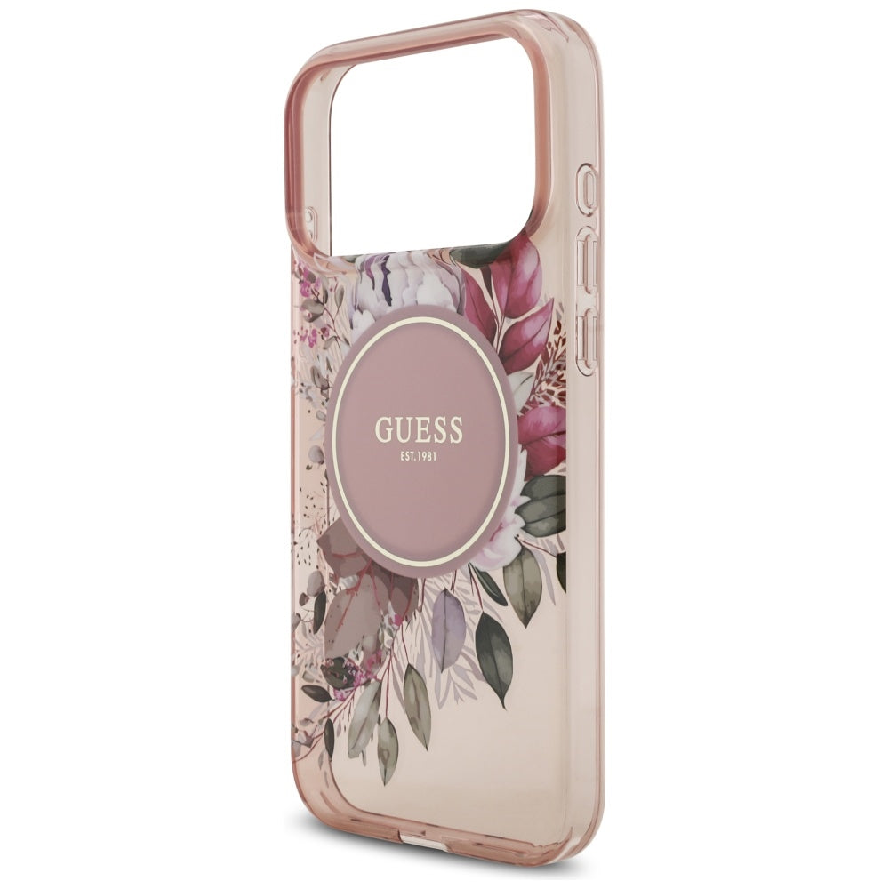 Θήκη MagSafe για Apple iPhone 17 Pro Max, Guess, IML Flowers with Pearl Strap, Ροζ