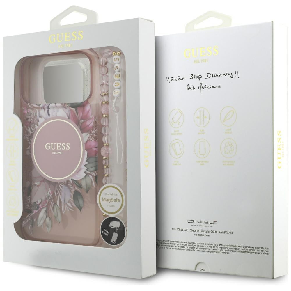 Θήκη MagSafe για Apple iPhone 17 Pro Max, Guess, IML Flowers with Pearl Strap, Ροζ
