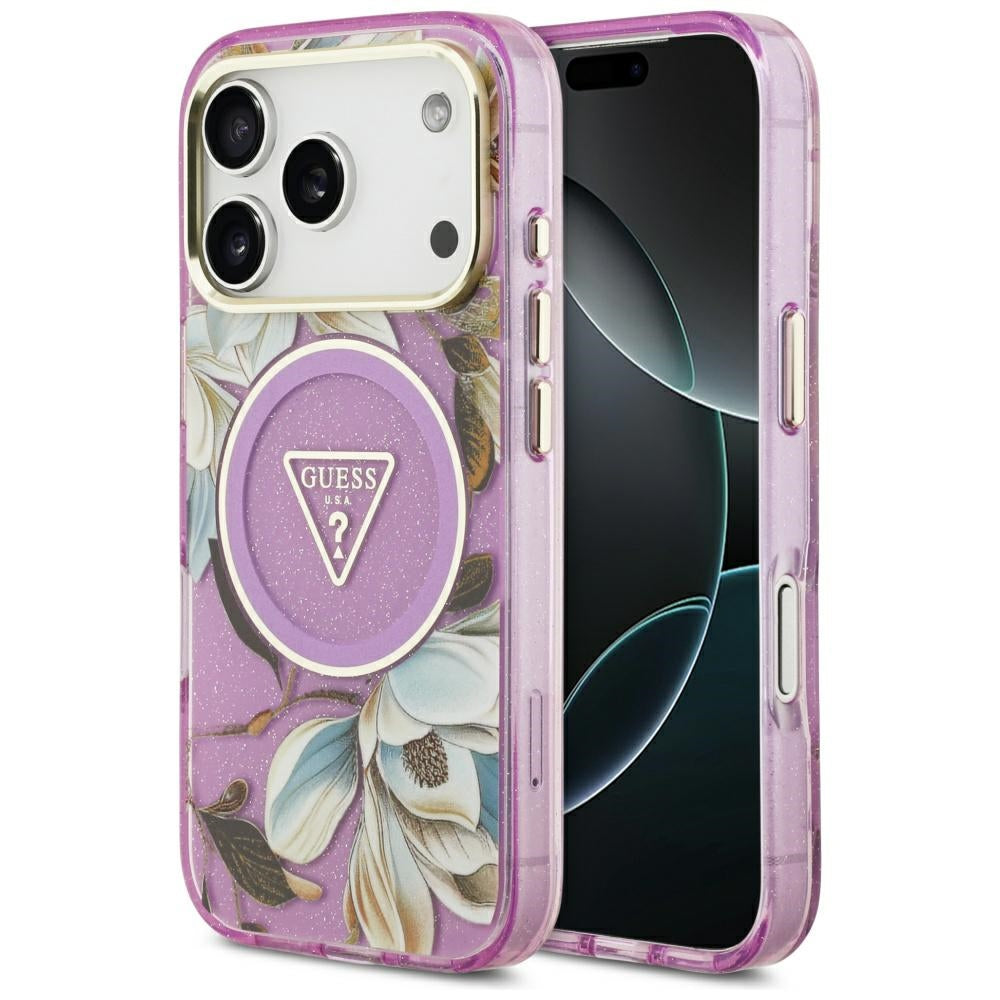 Θήκη MagSafe για Apple iPhone 17 Pro Max, Guess, IML Metal Glitter Flowers Triangle, Μωβ