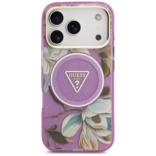 Θήκη MagSafe για Apple iPhone 17 Pro Max, Guess, IML Metal Glitter Flowers Triangle, Μωβ