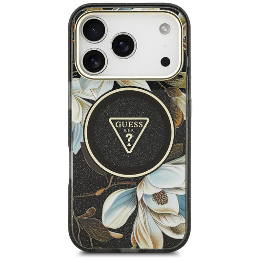 Θήκη MagSafe για Apple iPhone 17 Pro Max, Guess, IML Metal Glitter Flowers Triangle, Μαύρη
