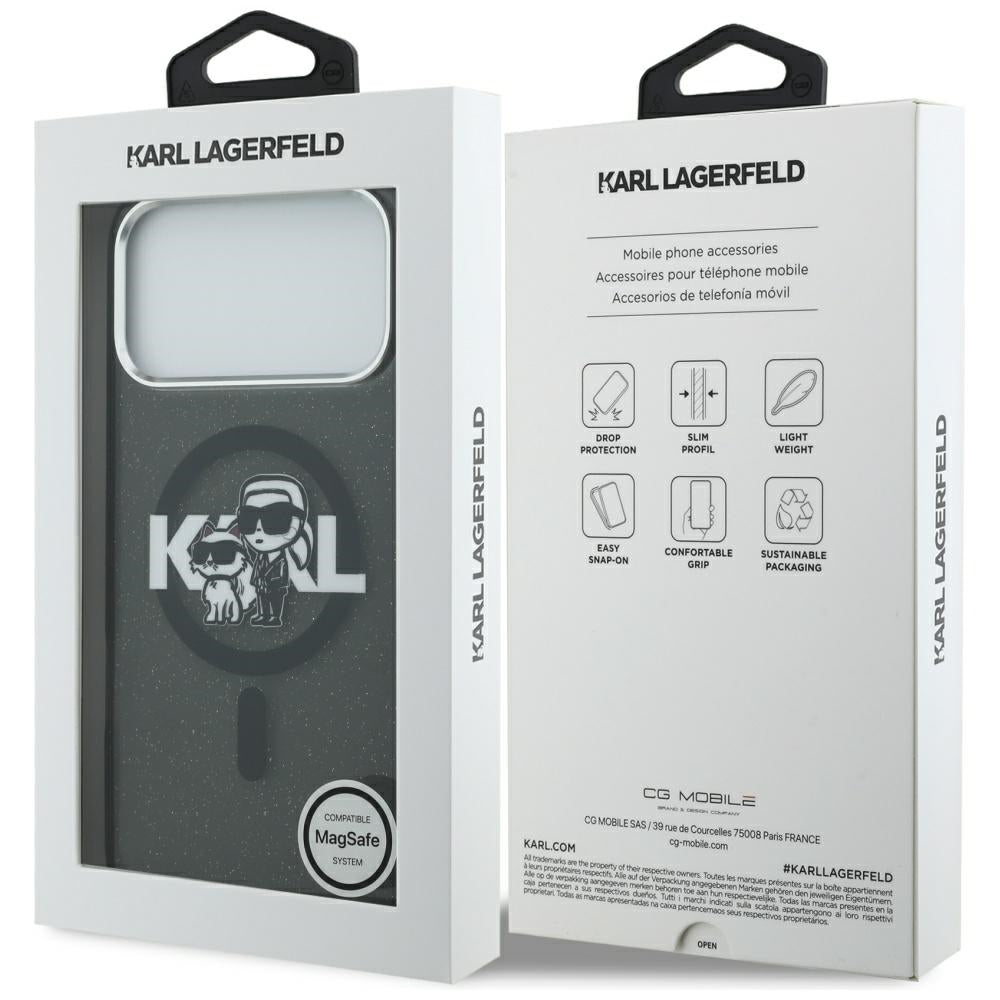 MagSafe Case for Apple iPhone 17 Pro Max, Karl Lagerfeld, IML Sketch Logo Glitter Karl & Choupette, Black