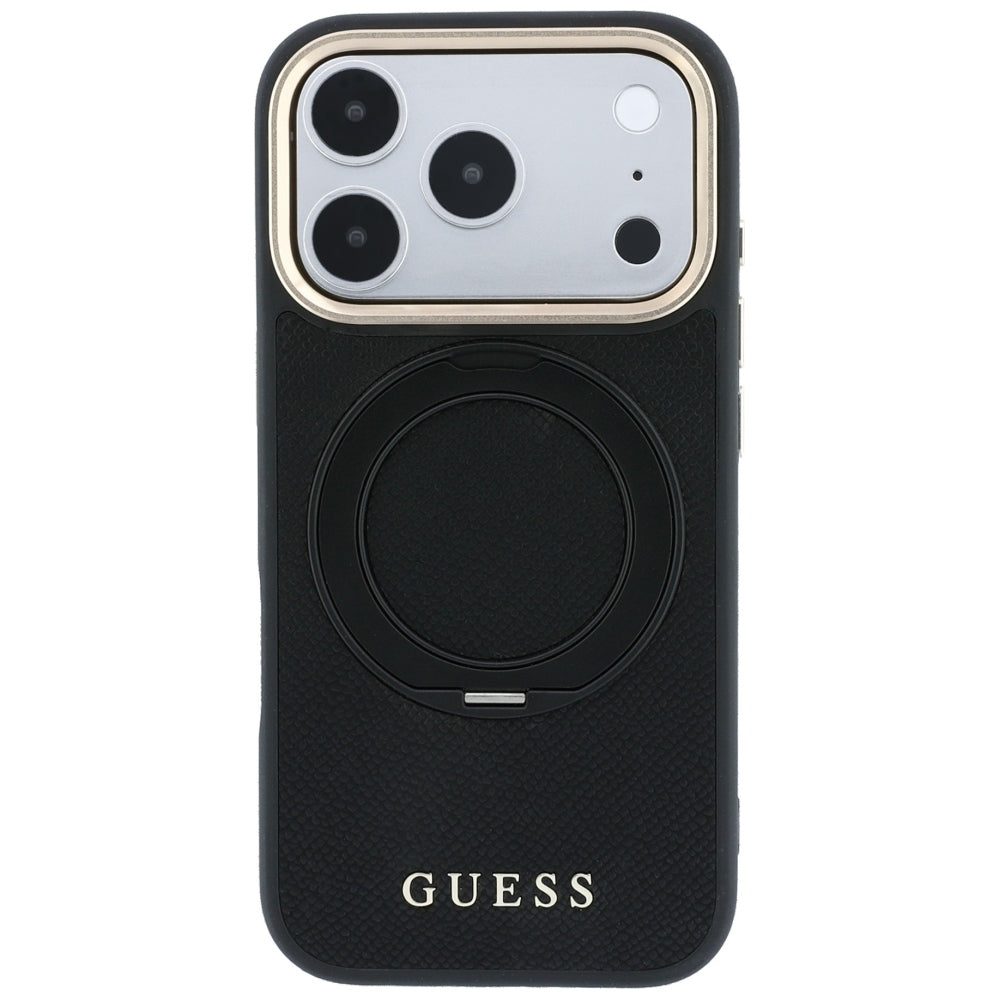 Θήκη MagSafe για Apple iPhone 18 Pro / 17 Pro, Guess, Grained Ring Stand 360 Classic, Μαύρη