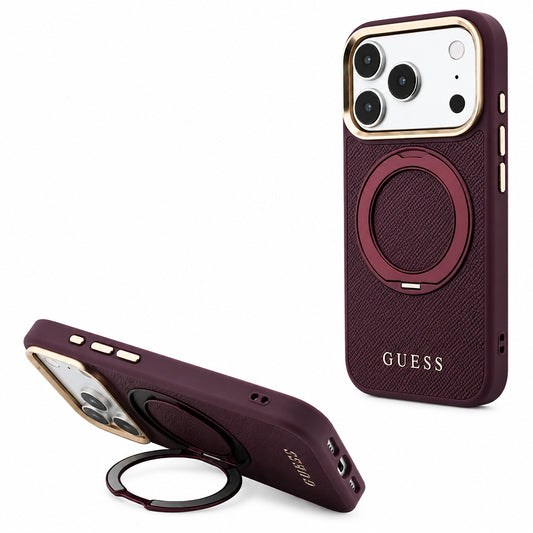Θήκη MagSafe για Apple iPhone 18 Pro / 17 Pro, Guess, Grained Ring Stand 360 Classic, Μπορντό