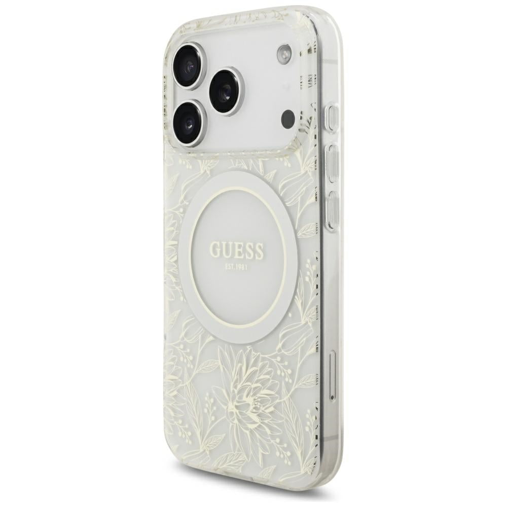 Θήκη MagSafe για Apple iPhone 18 Pro / 17 Pro, Guess, IML Flowers με ηλεκτρολυτική επίστρωση και λουράκι από μαργαριτάρι, Λευκό
