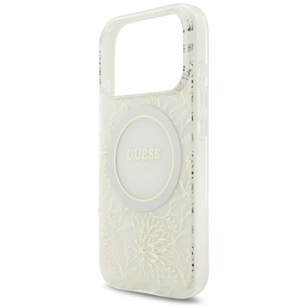 Θήκη MagSafe για Apple iPhone 18 Pro / 17 Pro, Guess, IML Flowers με ηλεκτρολυτική επίστρωση και λουράκι από μαργαριτάρι, Λευκό