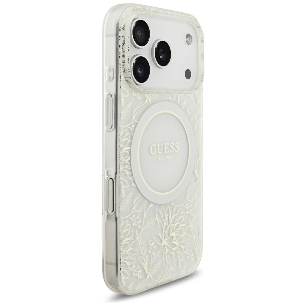 Θήκη MagSafe για Apple iPhone 18 Pro / 17 Pro, Guess, IML Flowers με ηλεκτρολυτική επίστρωση και λουράκι από μαργαριτάρι, Λευκό