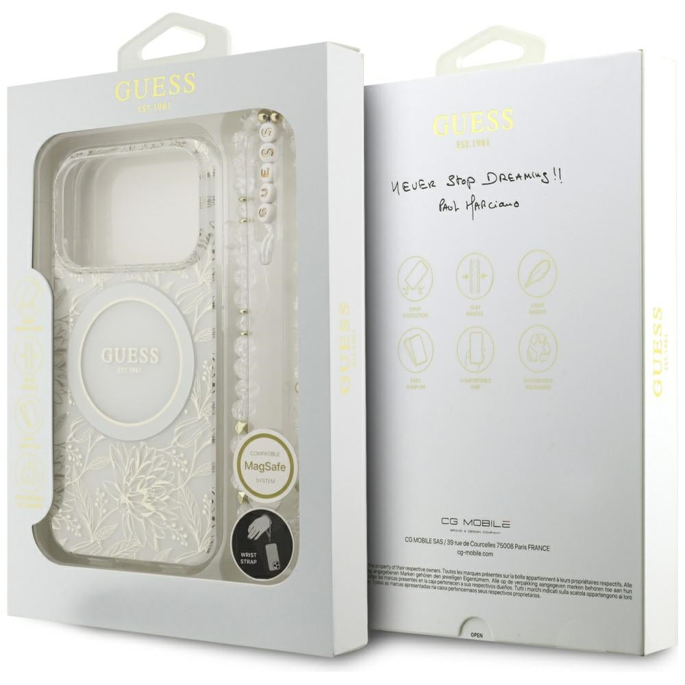Θήκη MagSafe για Apple iPhone 18 Pro / 17 Pro, Guess, IML Flowers με ηλεκτρολυτική επίστρωση και λουράκι από μαργαριτάρι, Λευκό