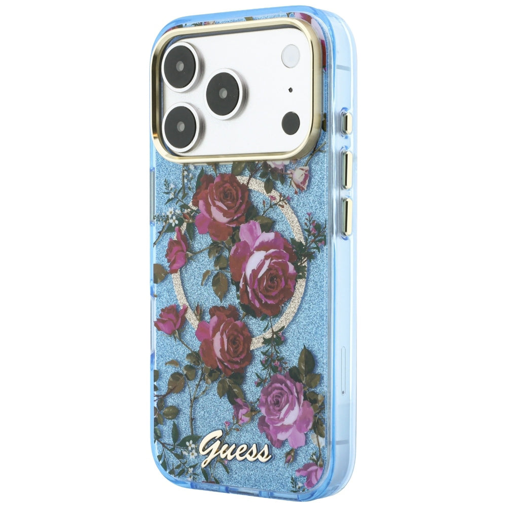 Θήκη MagSafe για Apple iPhone 18 Pro / 17 Pro, Guess, IML Glitter Blossom Roses, Bleu