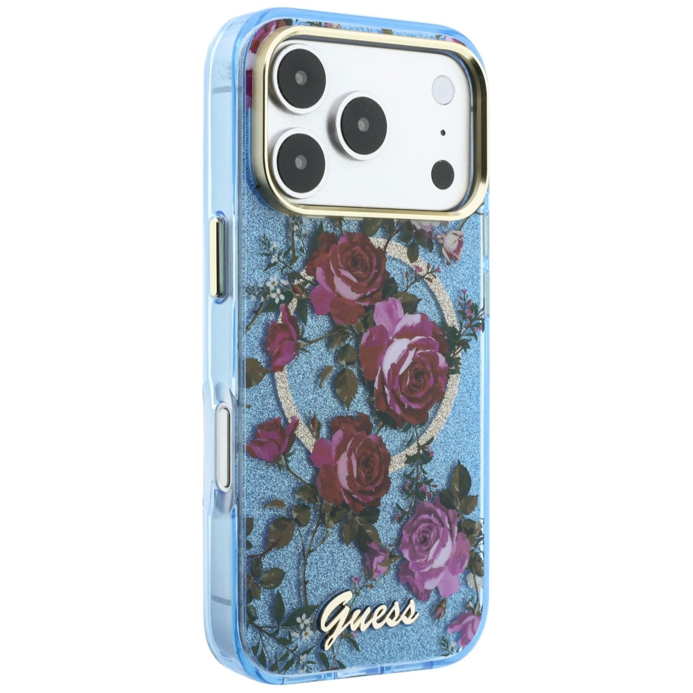 Θήκη MagSafe για Apple iPhone 18 Pro / 17 Pro, Guess, IML Glitter Blossom Roses, Bleu