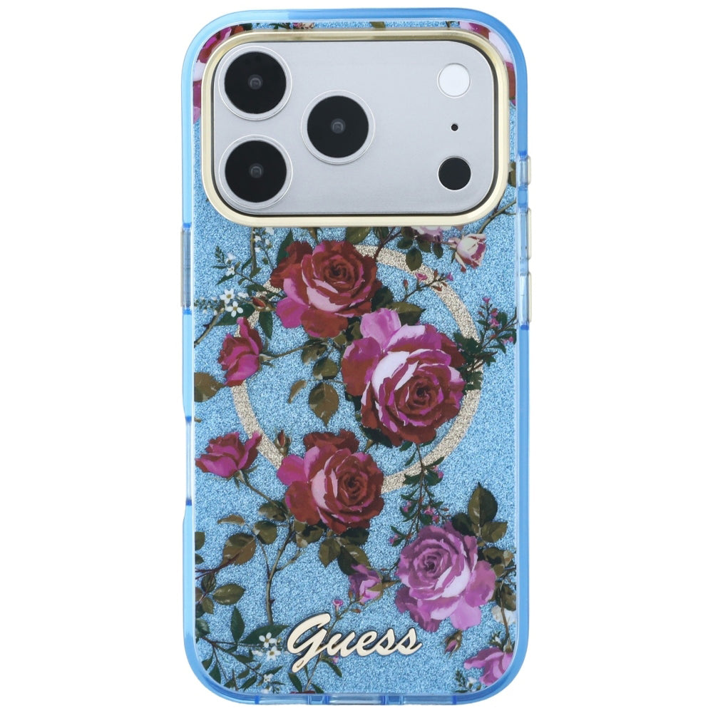Θήκη MagSafe για Apple iPhone 18 Pro / 17 Pro, Guess, IML Glitter Blossom Roses, Bleu