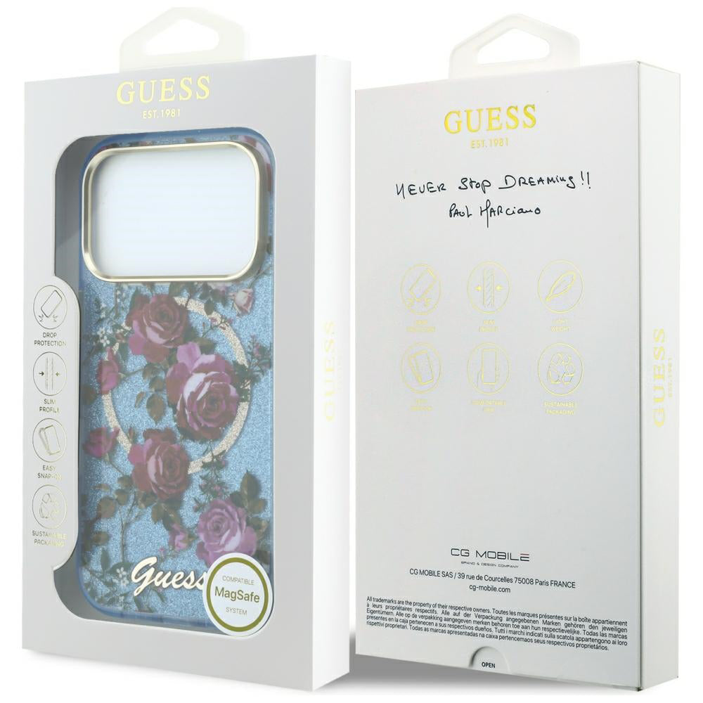 Θήκη MagSafe για Apple iPhone 18 Pro / 17 Pro, Guess, IML Glitter Blossom Roses, Bleu