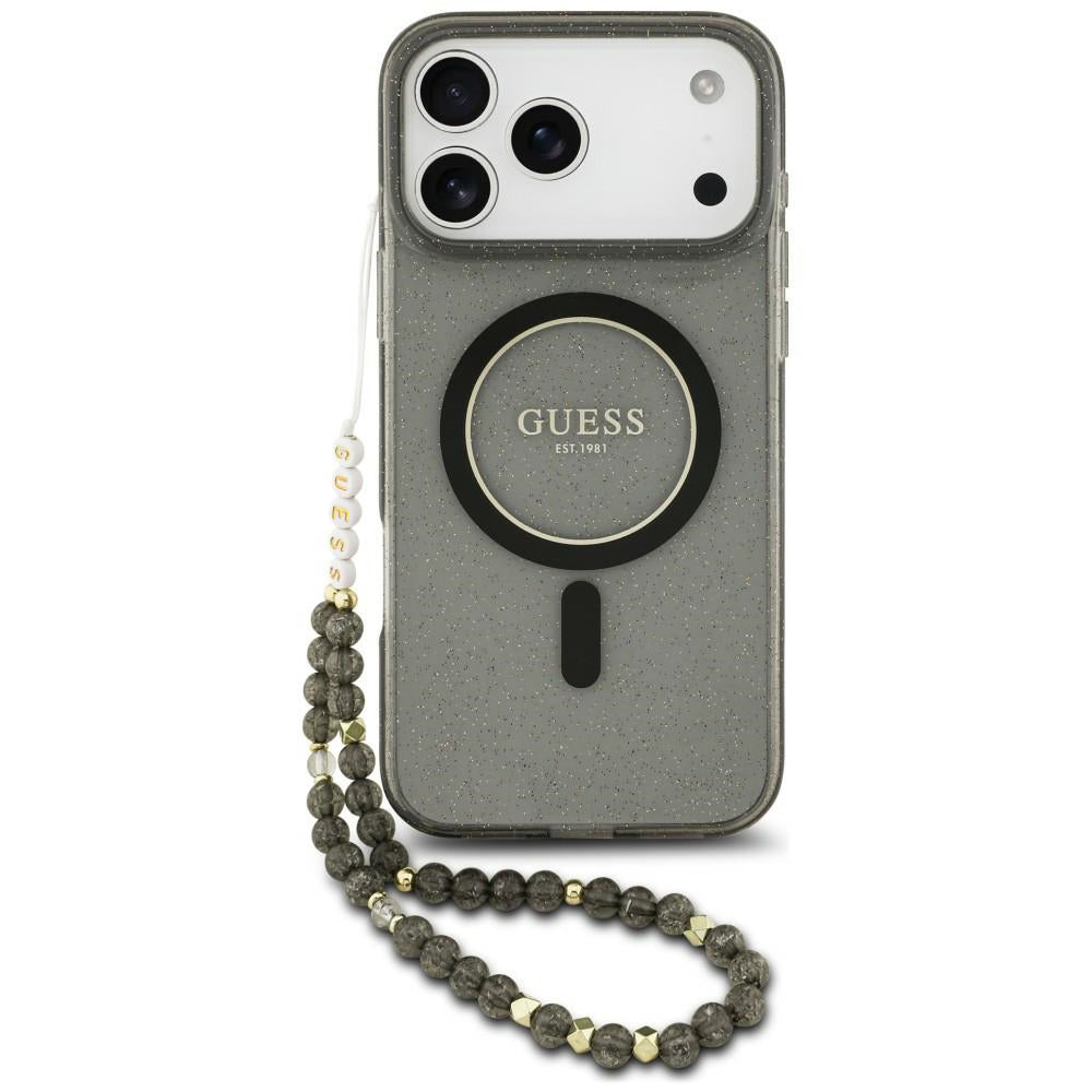 Θήκη MagSafe για Apple iPhone 18 Pro / 17 Pro, Guess, IML Glitter with Pearl Strap, Μαύρη