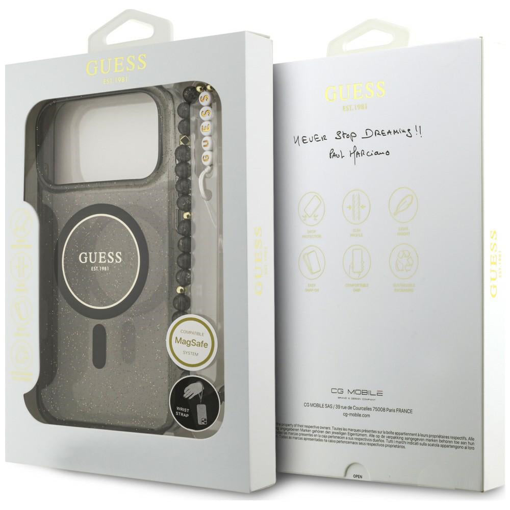 Θήκη MagSafe για Apple iPhone 18 Pro / 17 Pro, Guess, IML Glitter with Pearl Strap, Μαύρη