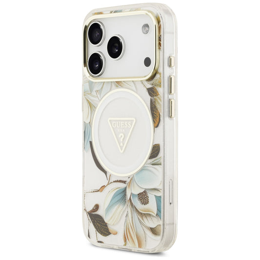 Θήκη MagSafe για Apple iPhone 18 Pro / 17 Pro, Guess, IML Metal Glitter Flowers Triangle, Λευκό