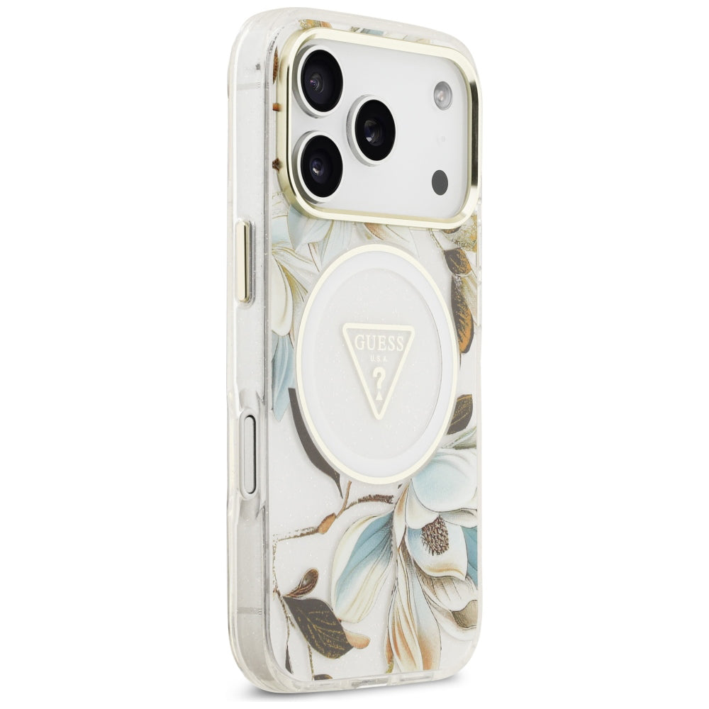 Θήκη MagSafe για Apple iPhone 18 Pro / 17 Pro, Guess, IML Metal Glitter Flowers Triangle, Λευκό