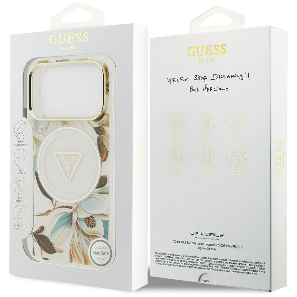 Θήκη MagSafe για Apple iPhone 18 Pro / 17 Pro, Guess, IML Metal Glitter Flowers Triangle, Λευκό