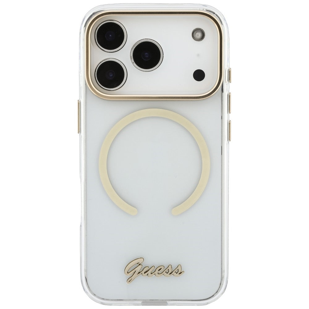 Θήκη MagSafe για Apple iPhone 18 Pro / 17 Pro, Guess, IML Script Metal, διάφανη