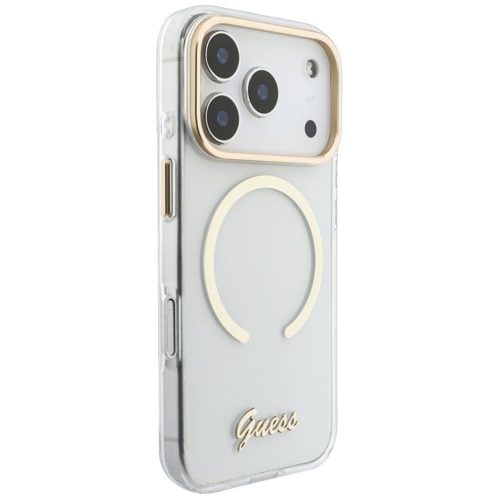 Θήκη MagSafe για Apple iPhone 18 Pro / 17 Pro, Guess, IML Script Metal, διάφανη