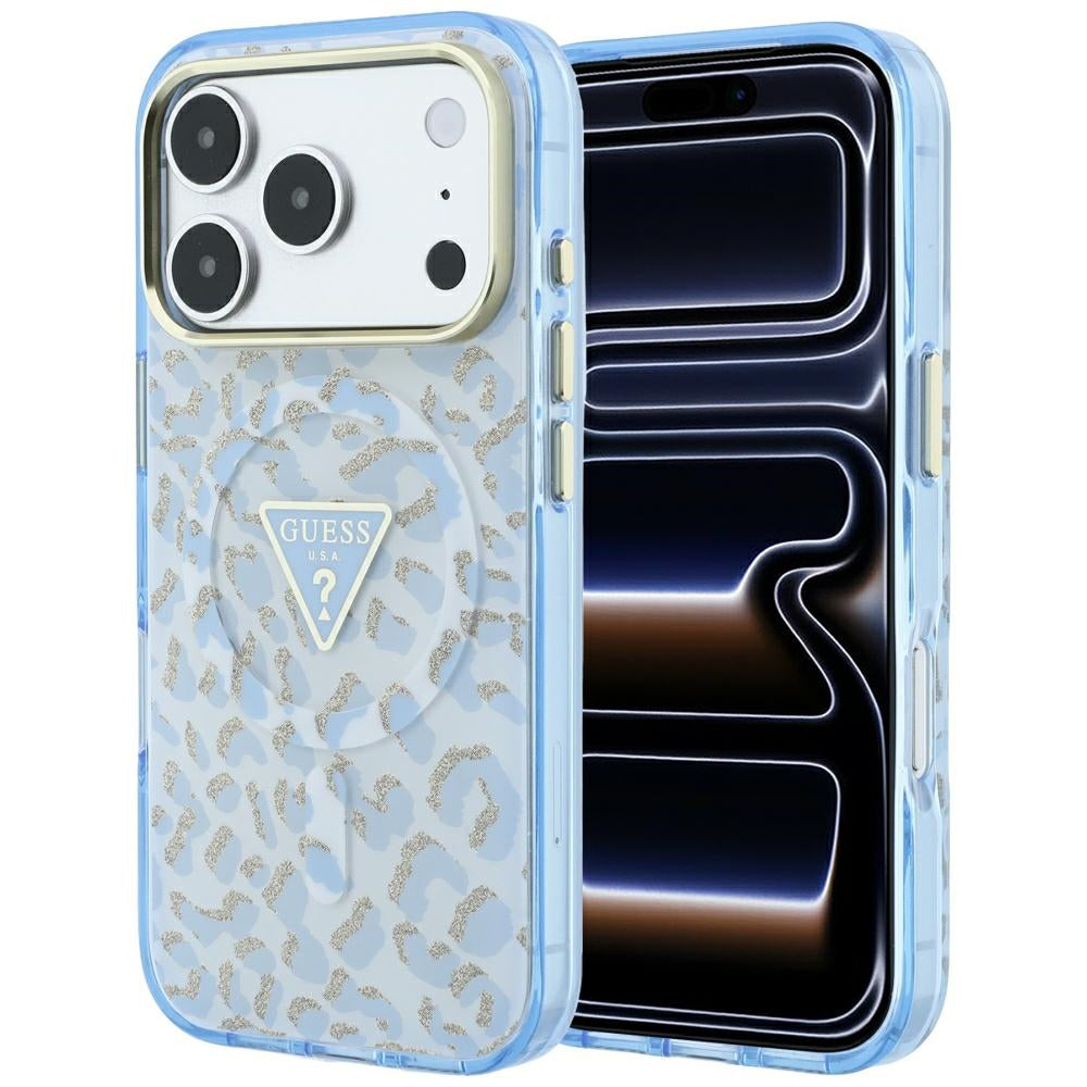 Θήκη MagSafe για Apple iPhone 18 Pro / 17 Pro, Guess, Λογότυπο Τρίγωνο με Λάμψη Λεοπάρ, Μπλε