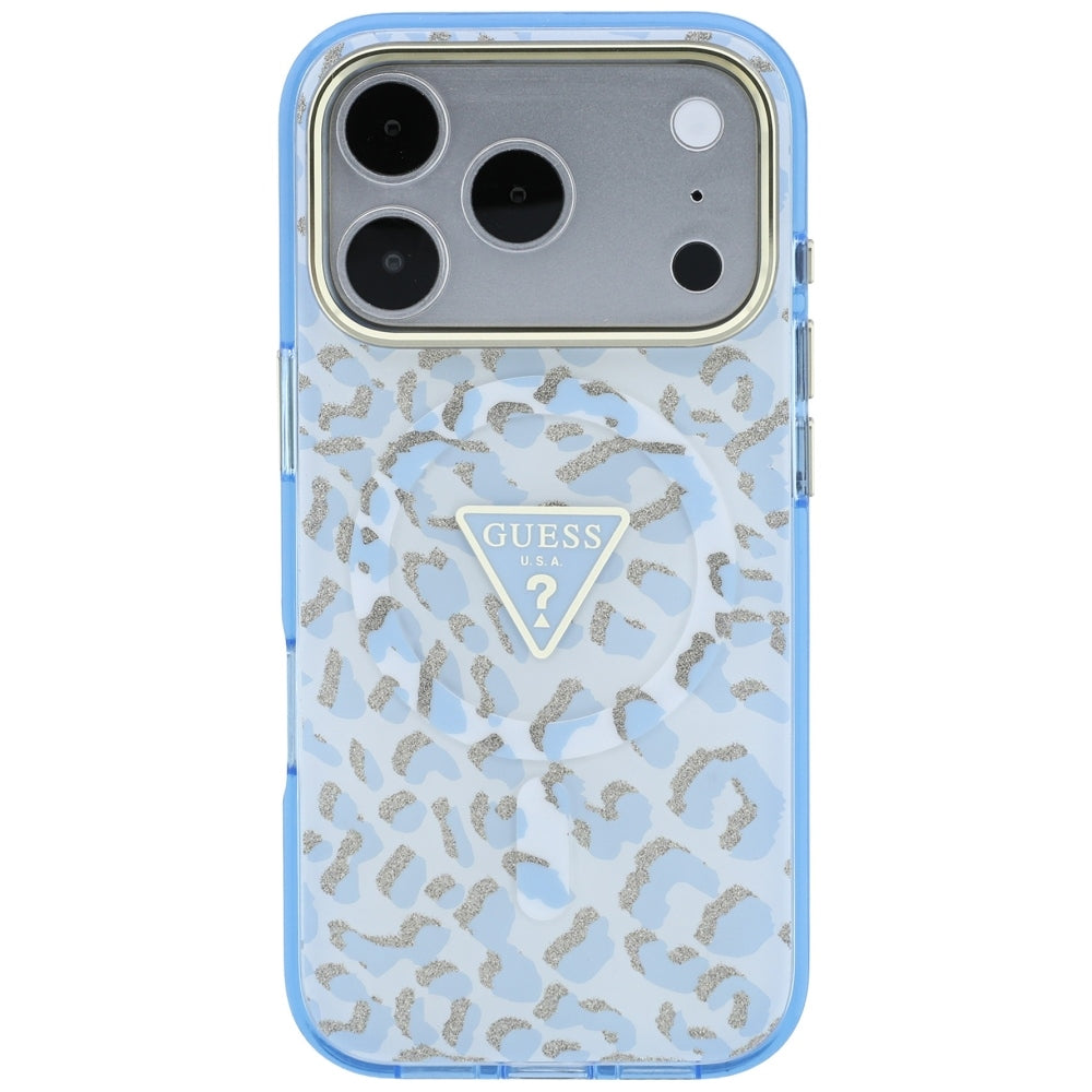 Θήκη MagSafe για Apple iPhone 18 Pro / 17 Pro, Guess, Λογότυπο Τρίγωνο με Λάμψη Λεοπάρ, Μπλε