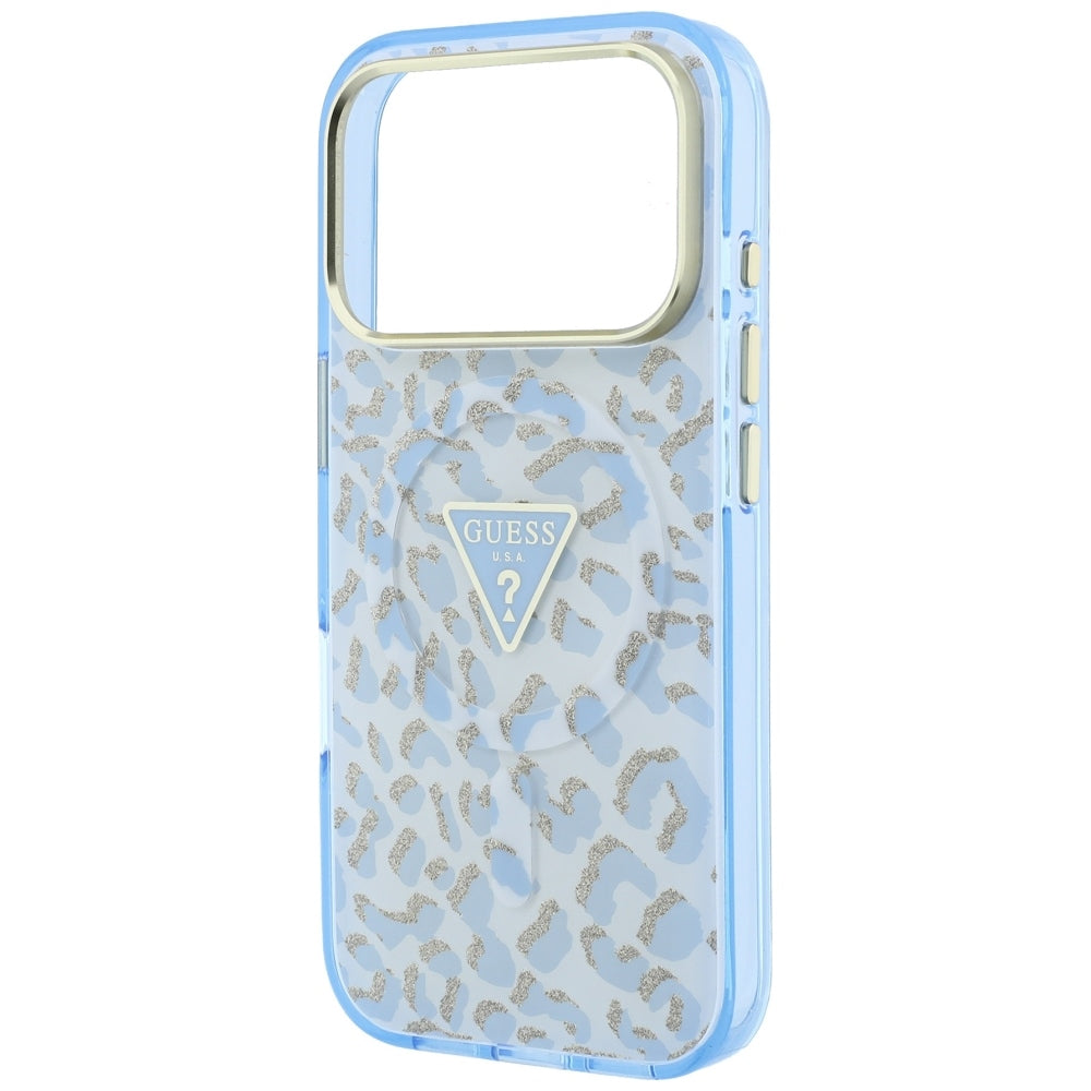 Θήκη MagSafe για Apple iPhone 18 Pro / 17 Pro, Guess, Λογότυπο Τρίγωνο με Λάμψη Λεοπάρ, Μπλε