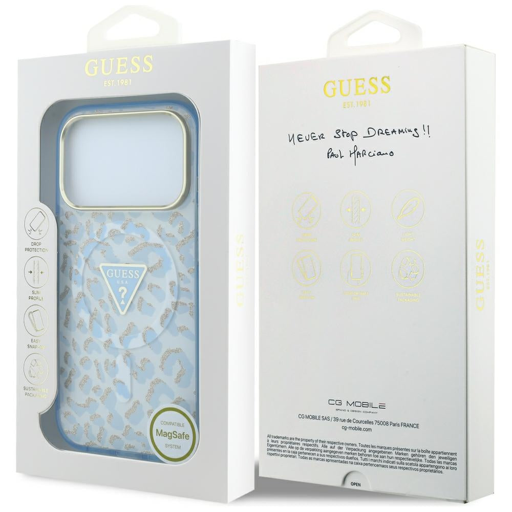Θήκη MagSafe για Apple iPhone 18 Pro / 17 Pro, Guess, Λογότυπο Τρίγωνο με Λάμψη Λεοπάρ, Μπλε