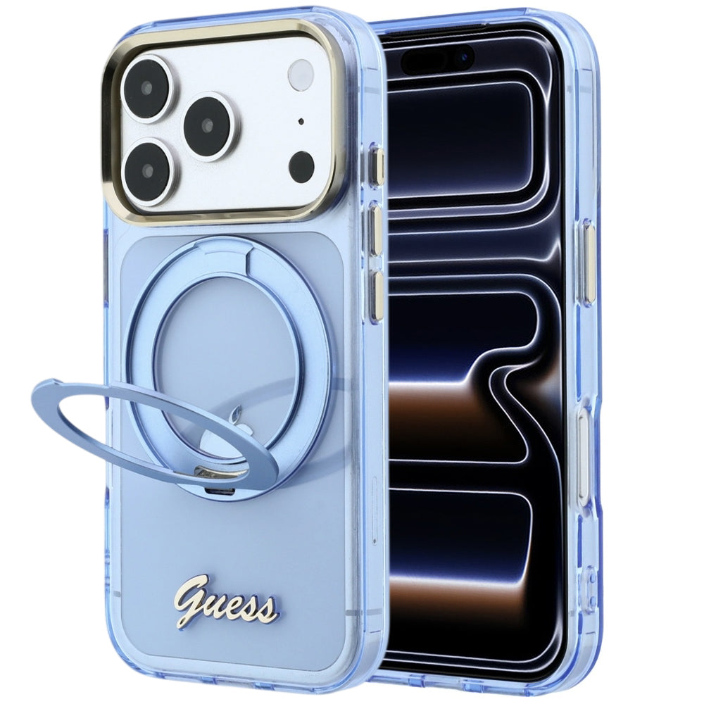 Θήκη MagSafe για Apple iPhone 18 Pro / 17 Pro, Guess, Ring Stand Script Metal Logo, Μπλε