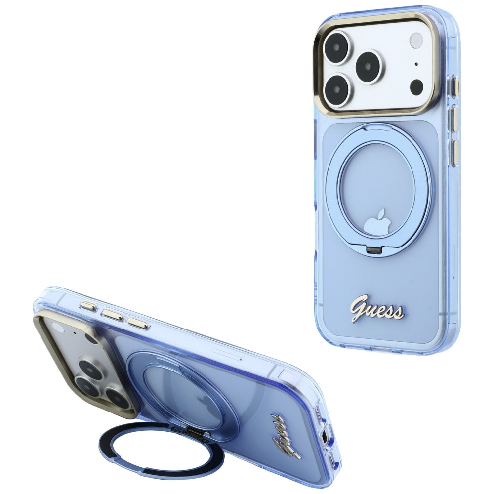 Θήκη MagSafe για Apple iPhone 18 Pro / 17 Pro, Guess, Ring Stand Script Metal Logo, Μπλε