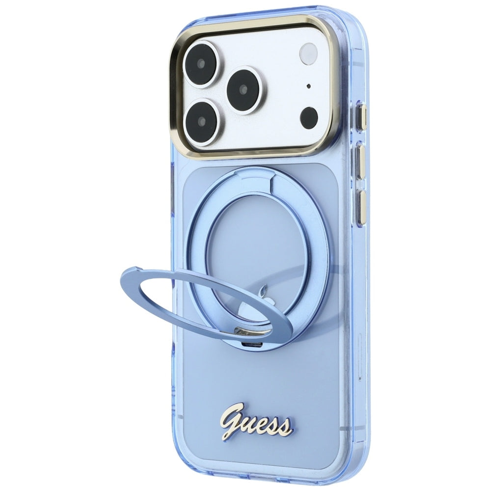 Θήκη MagSafe για Apple iPhone 18 Pro / 17 Pro, Guess, Ring Stand Script Metal Logo, Μπλε