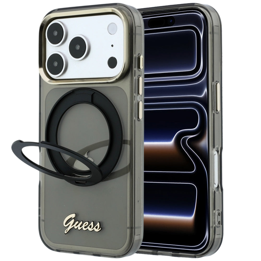 Θήκη MagSafe για Apple iPhone 18 Pro / 17 Pro, Guess, Ring Stand Script Metal Logo, Μαύρο