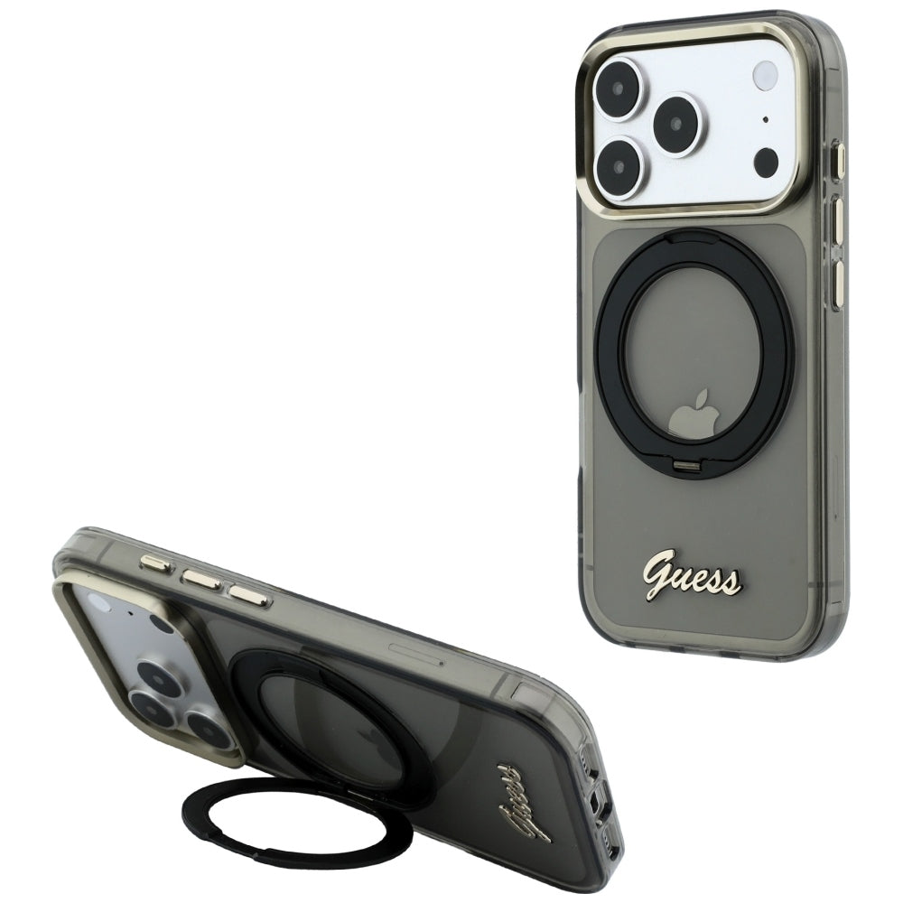 Θήκη MagSafe για Apple iPhone 18 Pro / 17 Pro, Guess, Ring Stand Script Metal Logo, Μαύρο
