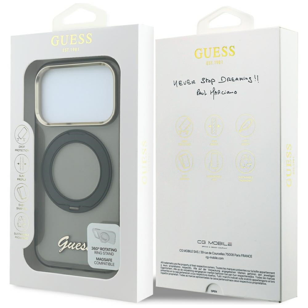 Θήκη MagSafe για Apple iPhone 18 Pro / 17 Pro, Guess, Ring Stand Script Metal Logo, Μαύρο