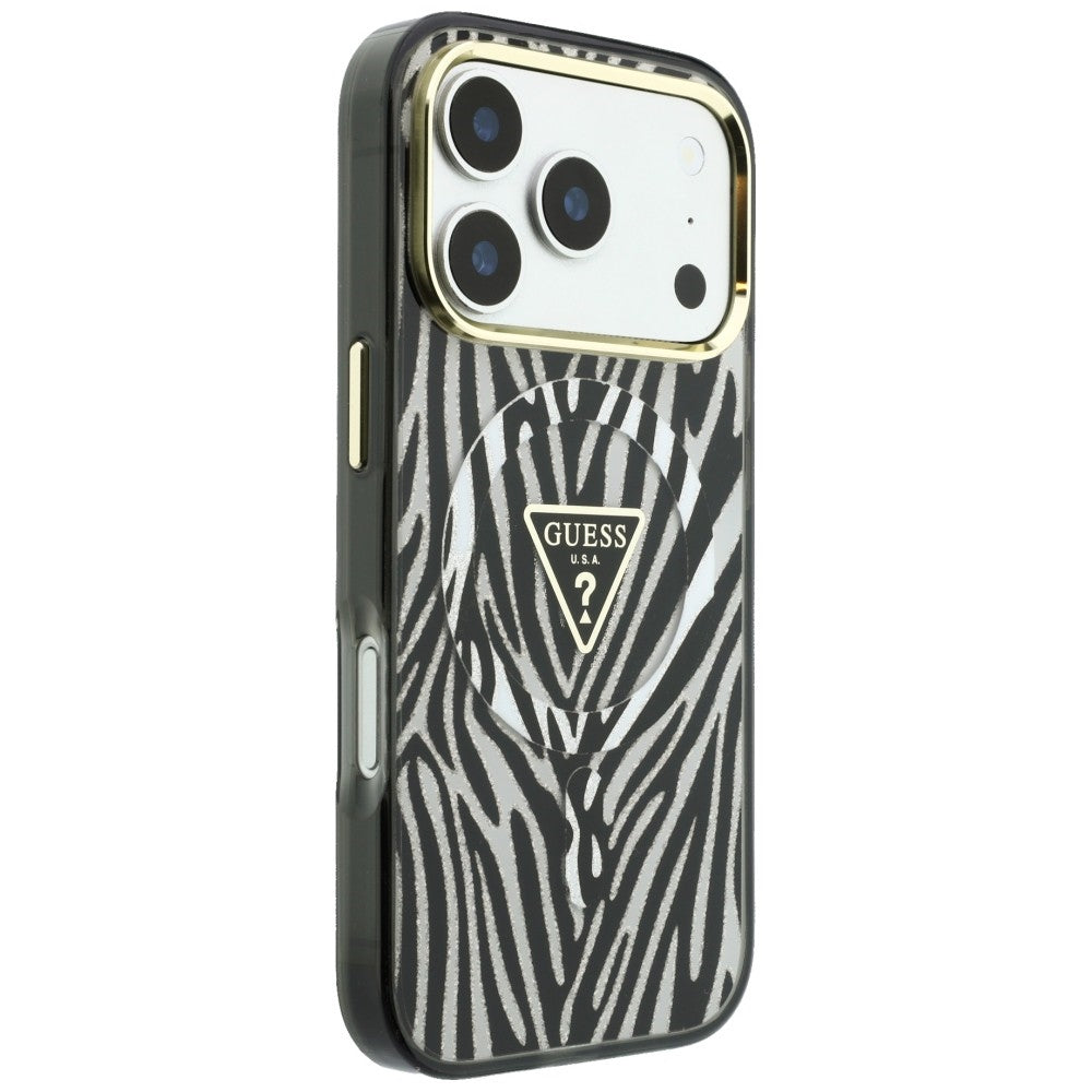 Θήκη MagSafe για Apple iPhone 18 Pro / 17 Pro, Guess, Zebra Glitter Triangle Logo, Ασημί
