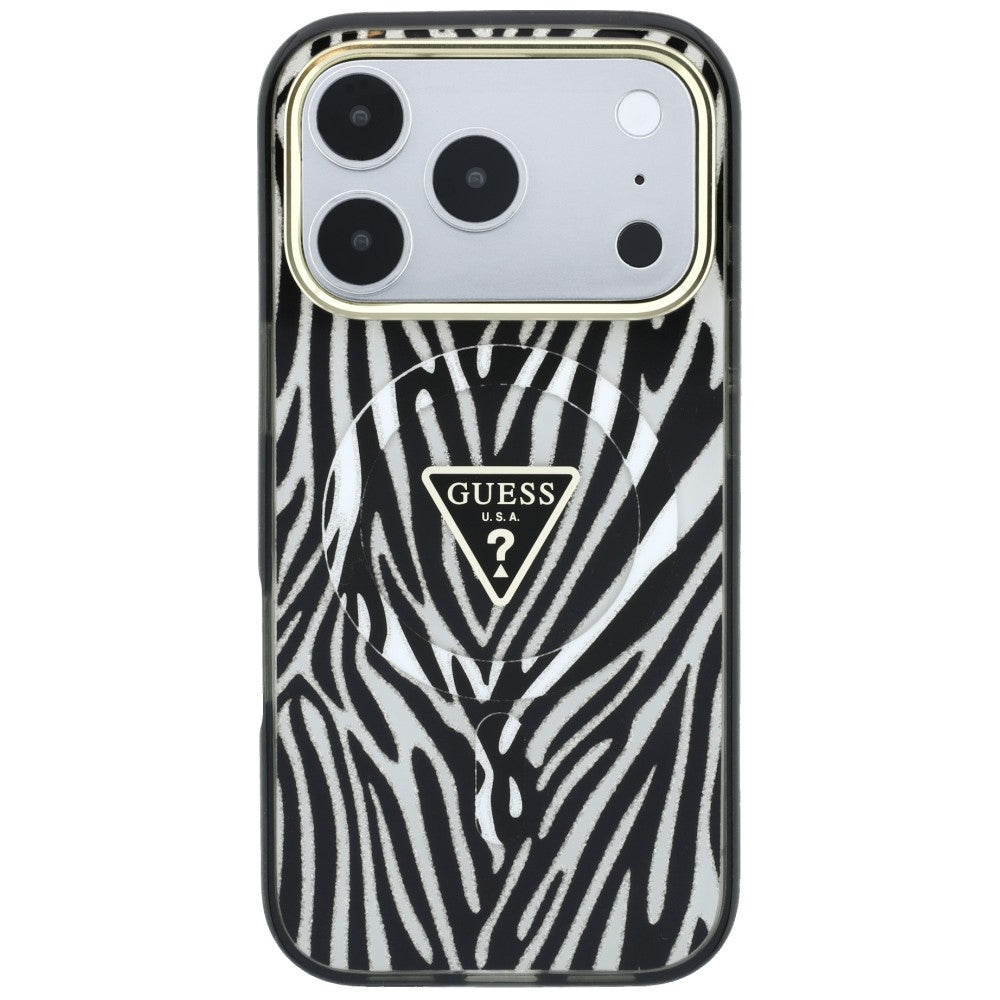 Θήκη MagSafe για Apple iPhone 18 Pro / 17 Pro, Guess, Zebra Glitter Triangle Logo, Ασημί