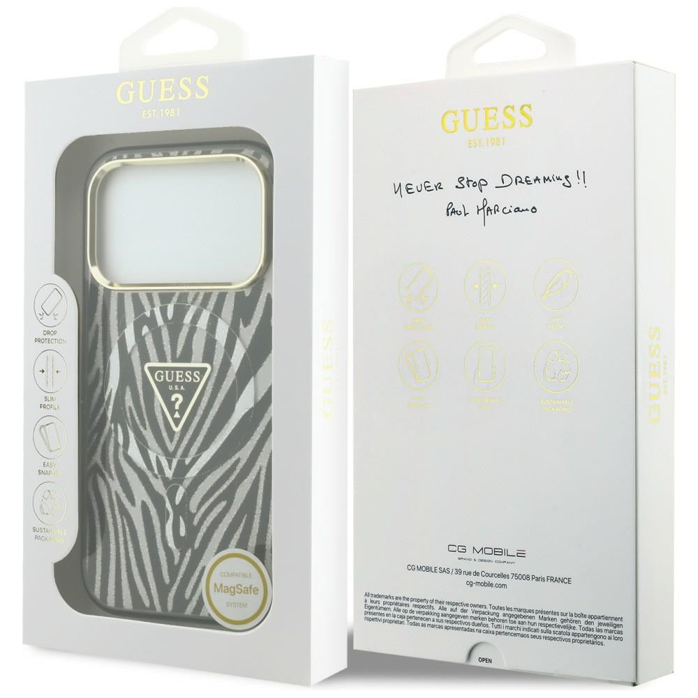 Θήκη MagSafe για Apple iPhone 18 Pro / 17 Pro, Guess, Zebra Glitter Triangle Logo, Ασημί