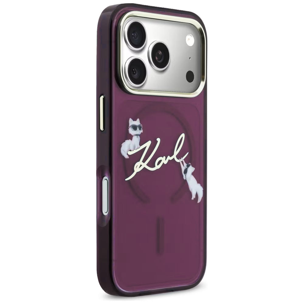 Θήκη MagSafe για Apple iPhone 18 Pro / 17 Pro, Karl Lagerfeld, IML Choupette Karl Script Logo, Βυσσινί